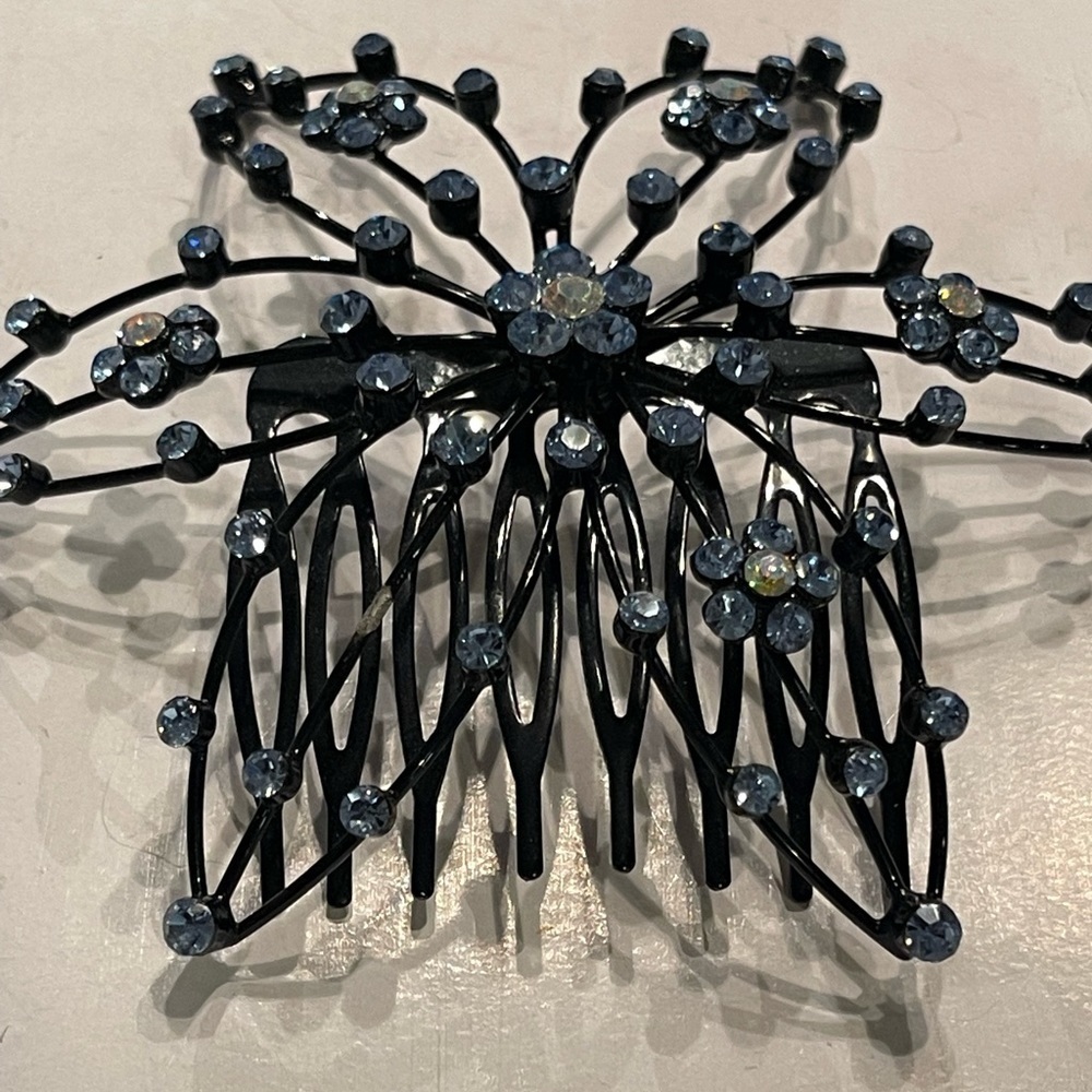 Crystal Floral Hair Comb Blue Crystals Black Wire Bridal Wedding Prom 4”